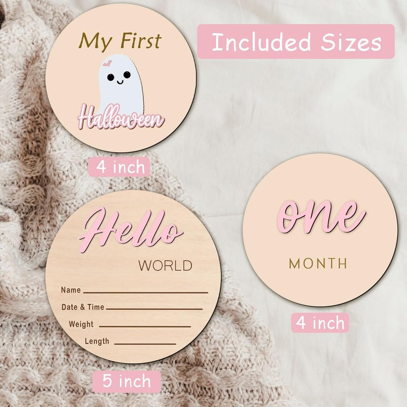 cephira Monthly Baby Milestone Maker Discs, Baby Milestone Signs for Newborn Baby, Hello World Newborn Sign for Baby Girl & Boy, Baby Announcement Sign for 1-12 Month, Milestone Wooden Circles (Pink) - Image 4